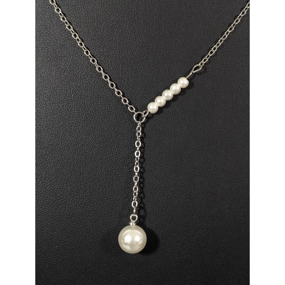 White Faux Pearl‎ Lariat Style Drop Necklace Silver Tone Classic Bridal Elegant